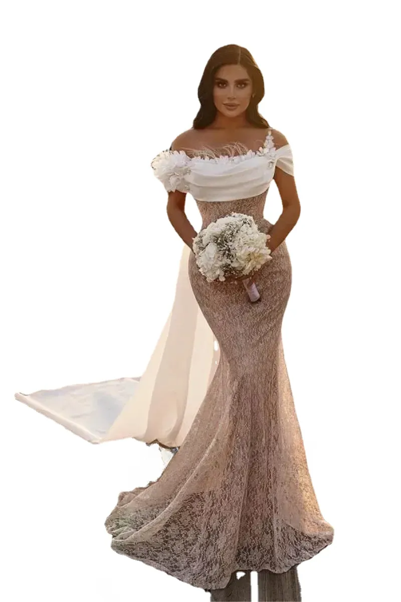 Robes de mariée élégantes en dentelle sirène avec cape sexy hors épaule appliques perles papillon longue arabe robe de réception nuptiale de Dubaï sur mesure