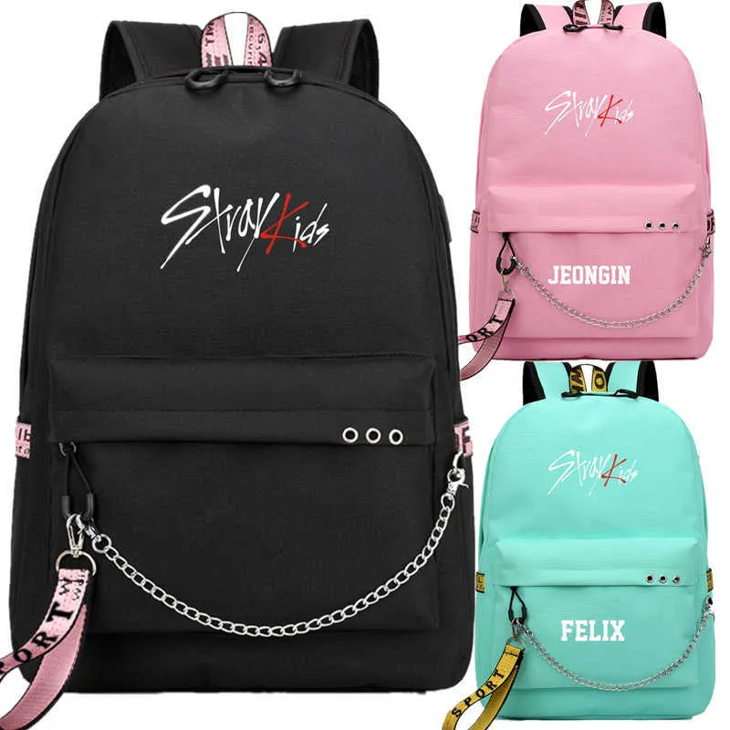 Zaino Kopo Stray Kids Zaino USB Felix Libro scolastico Nero Rosa Borsa Mochila Borse da viaggio Zaino catena per laptop W Porta USB per cuffie J230517