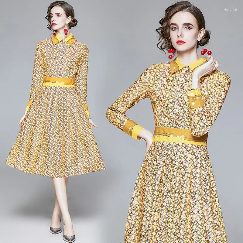 Robes Décontractées Jeune Gee Européenne Vintage Chaînes Imprimer Robe Jaune Élégant Bureau Dame Simple Plissée Grande Balançoire Au Genou