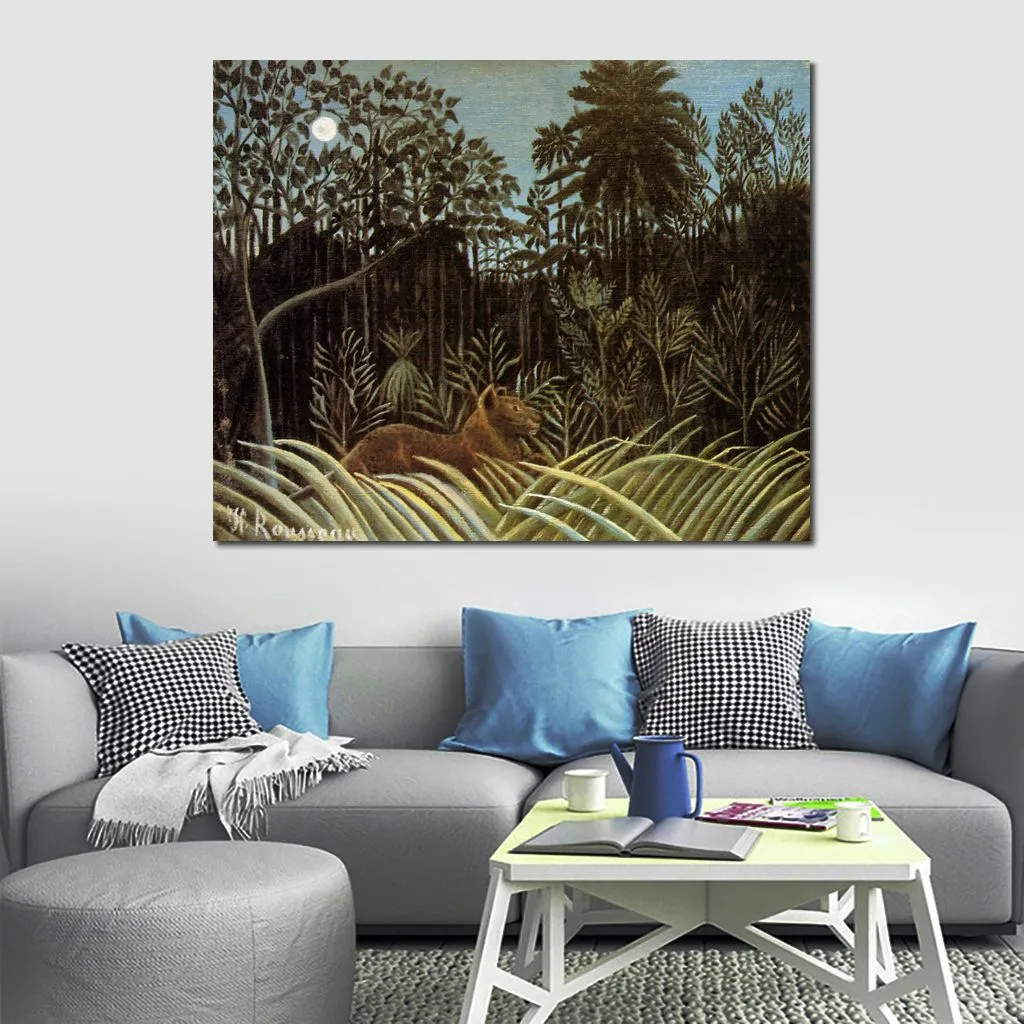 Pop Canvas Art Paisagem Selva com Leão Henri Rousseau Pintura Feito à Mão Moderna Decoração de Sala de Estar