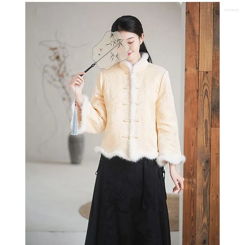 Roupas étnicas outono estilo chinês amarelo botão feito à mão engrossar tang terno jaqueta feminina vintage algodão linho casaco curto tai chi