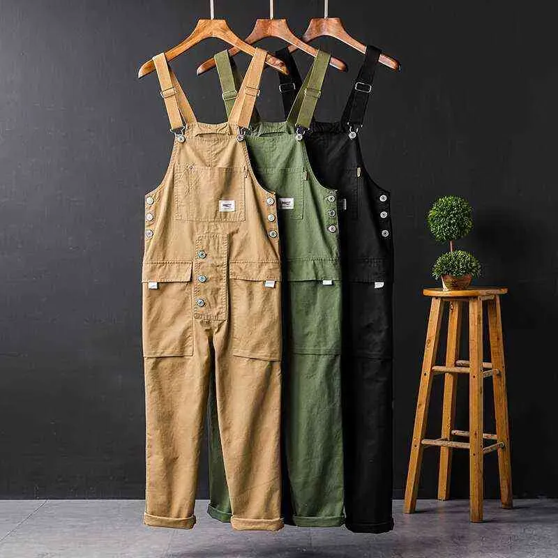 Men`s Loose Cargo Bib Overalls Pants Multi-Pocket Overall Men Casual Coveralls Suspenders Jumpsuits Rompers Wear Coverall 211202