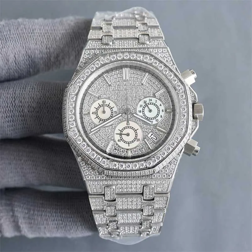 クォーツウォッチウォッチダイヤモンドムーブメント42mmサファイア防水ファッションメンリストバンドメンカジュアルビジネス腕時計
