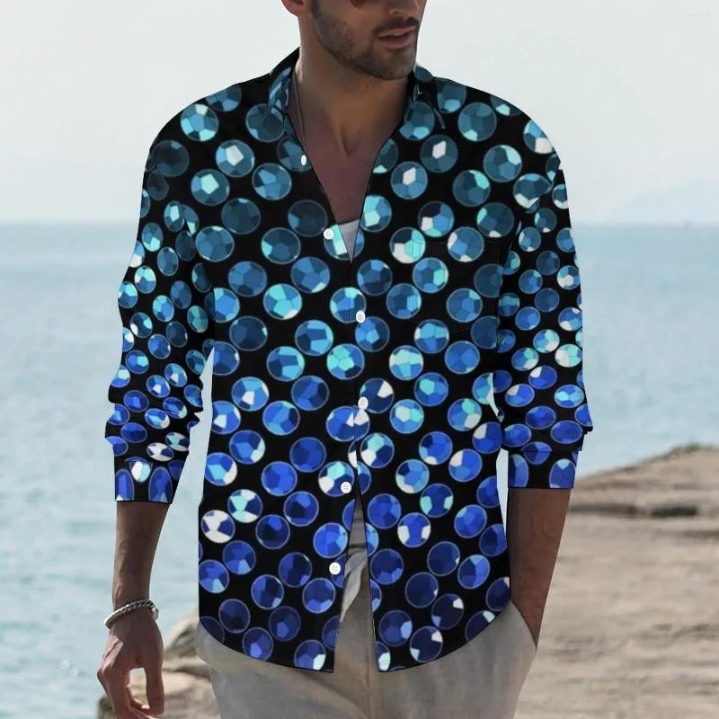 Men's Casual Shirts Glitter Sequins Print Stylish Shirt Man Graphic Blue Strass Spring Fashion Blouses Long Sleeve Custom Oversized Top