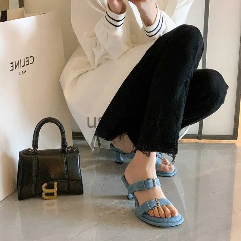 Slippers fashion flip flops denim leather shoes woman sandals spike high heels female slippers footwear women party dress casual shoes J230612