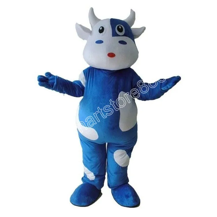 Traje de mascote de vaca azul de alta qualidade carnaval unissex roupa para adultos tamanho adulto festa de aniversário de natal ao ar livre vestir adereços de fantasia