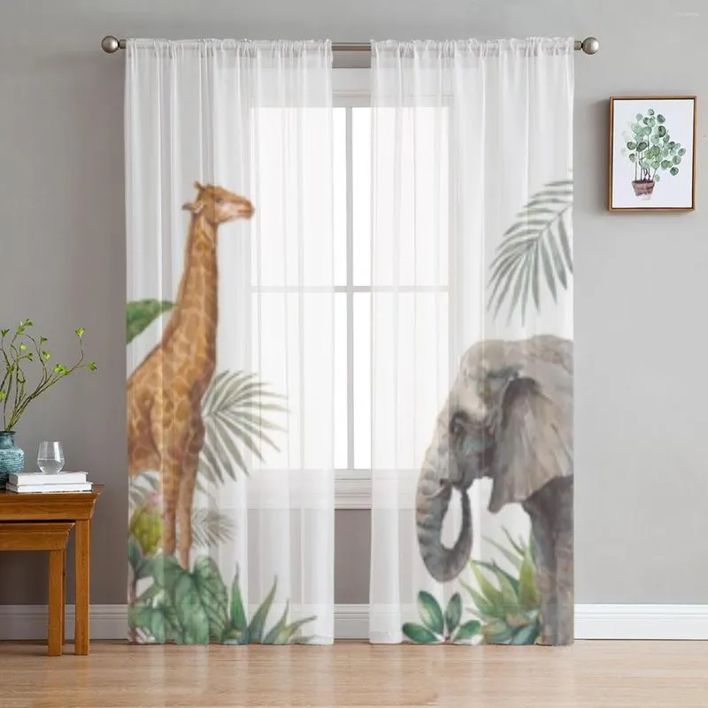 Curtain Jungle Elephant And Giraffe Sheer Curtains For Living Room Bedroom Kitchen Tulle Home Decorative Panels
