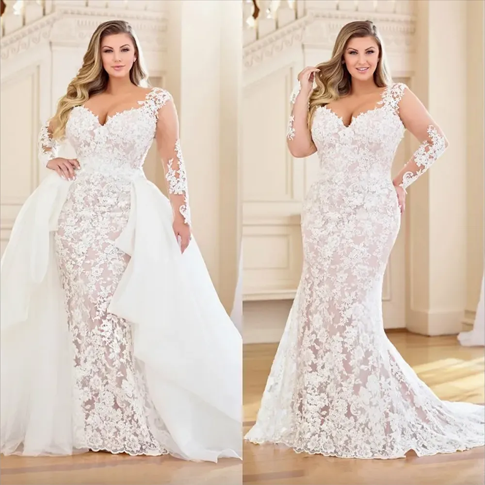 Stunning Plus Size Mermaid Lace Wedding Dresses With Detachable Train Long Sleeves Bridal Gowns Sweetheart Neck Trumpet Vestidos De Novia