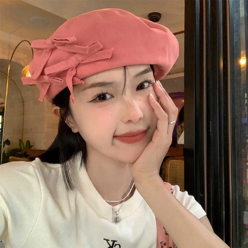 Berets Lovely Y2K bow suitable for women in spring and summer Korean version painter hat Japanese big head retro Beret G230612