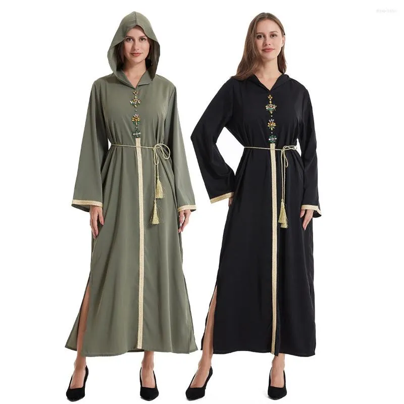 Ethnic Clothing Muslim Abaya For Women Dubai Jellaba Hooded Long Sleeved Sewn Diamond Robe Dress Muslin Arab Islam