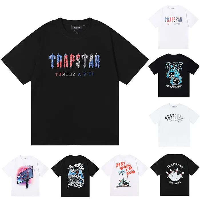 2023 Trapstar London T 셔츠 가슴 화이트 블루 컬러 타올 자수 남성 셔츠 캐주얼 스트리트 셔츠 디자이너 Trapstars 반소매 힙합 Streetwear 탑스