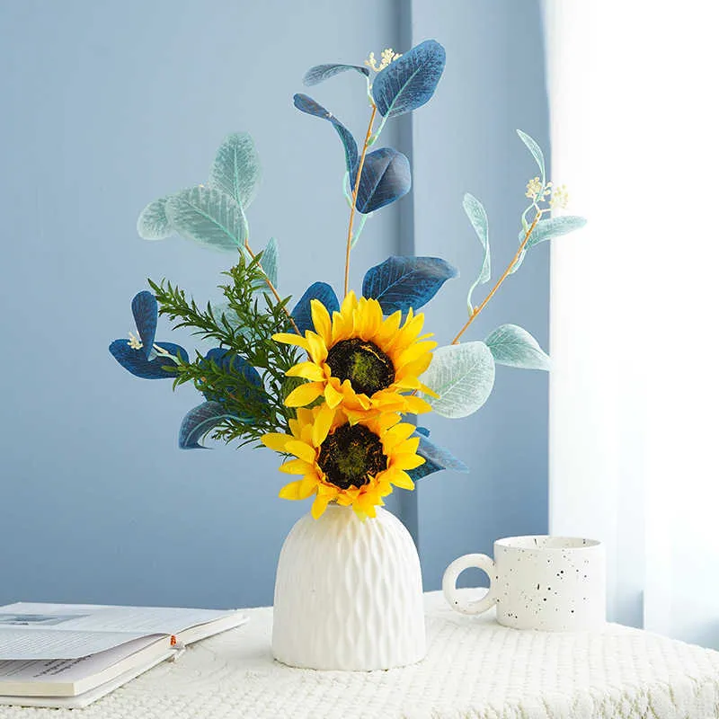 Kurutulmuş çiçekler simülasyon okaliptüs yaprağı çiçek buket ev oturma odası masası dekorasyon yapay sahte bitki ayçiçeği