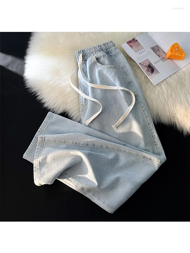 Jeans Feminino Harajuku Cintura Alta Vintage Loose Elástico Calça Azul Estilo Streetwear Feminino Y2K Calça Denim Larga Perna Larga