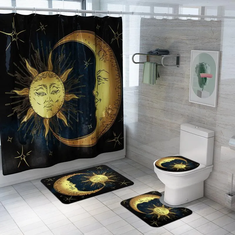 Gardiner stjärnhimmel sun moon stjärna vattentät dusch gardin badrum set nonsslip badmattor piedestal matta toalettstol täcke heminredning