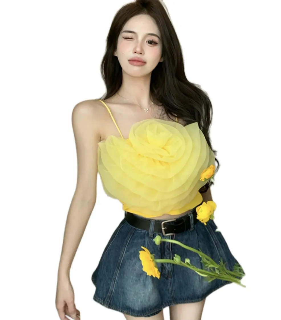 Women's sexy spaghetti strap 3D big flower gauze short tanks camis SML