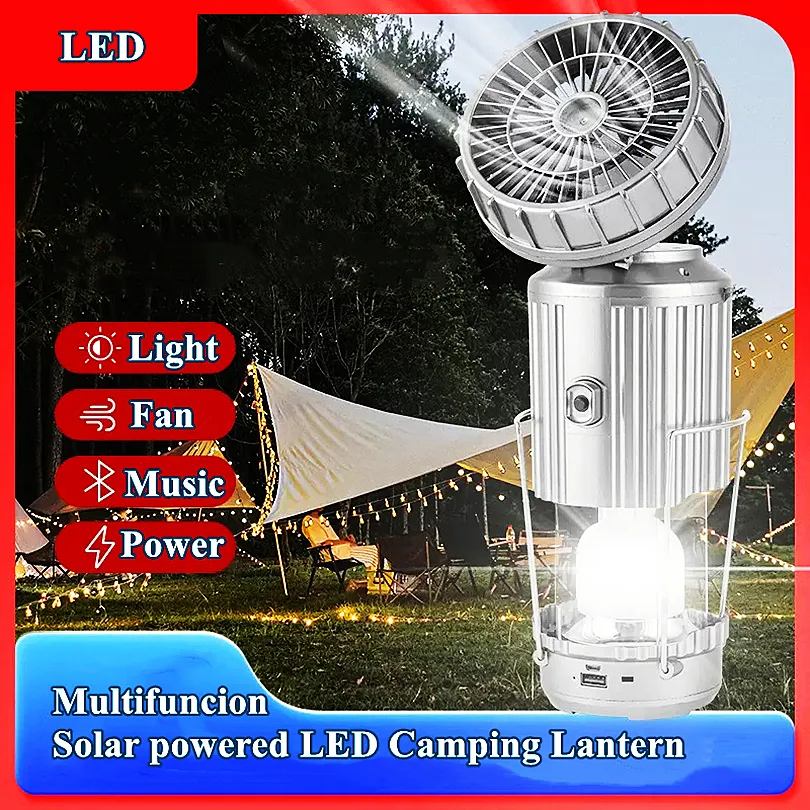 Lanterne solaire de camping avec ventilateur, haut-parleur, Bluetooth, lampe LED de camp rechargeable, lampe de ventilateur de tente portable, interrupteur extensible, charge USB, pêche, randonnée