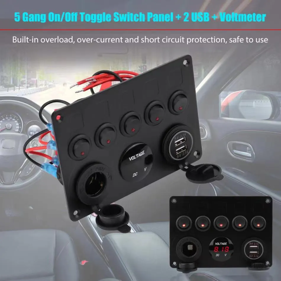 Boat Switch Panel Car Switch Panel Waterproof Digital Dual USB Voltmeter Port 12V Outlet Combination Marine LED Rocker 5 Gang