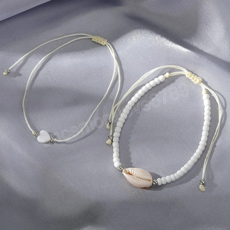 Summer Beach Fabric Anklets for Women White Bead Heart Pendant Charm Rope Anklet Fashion Jewelry Accessories