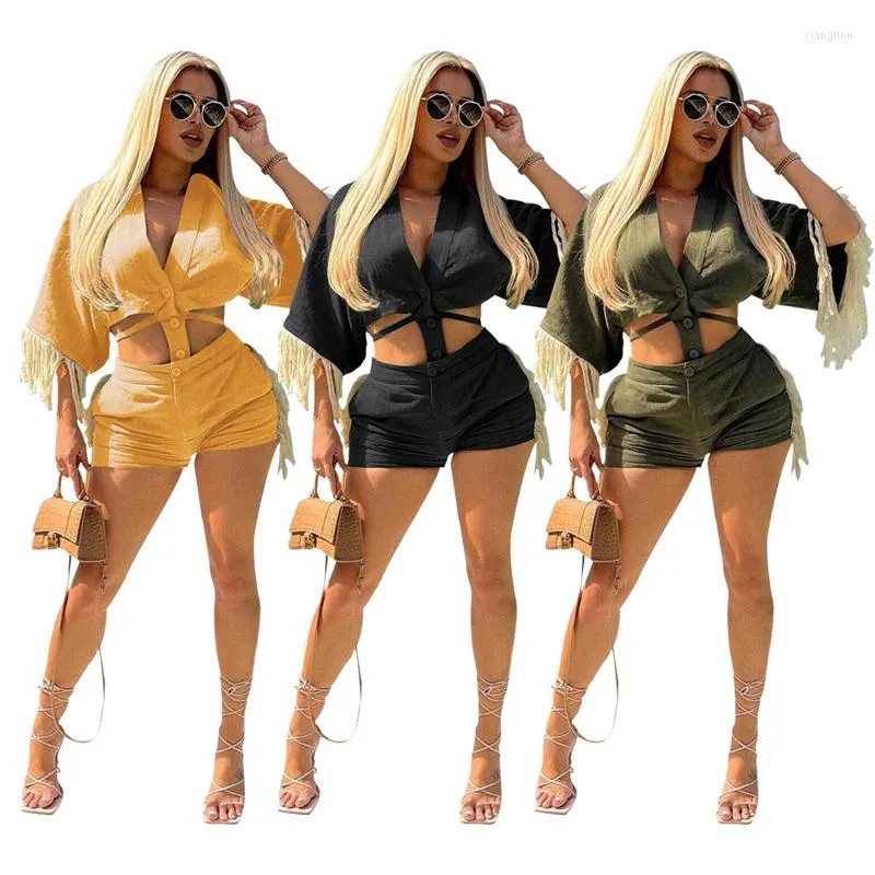 Kvinnors träningsdräkter Tassel Solid 2 Piece Set Women Sexig V Neck Half Sleeve Lace Up Asymmetrical Shirts Crop Tops Matching Shorts Holiday