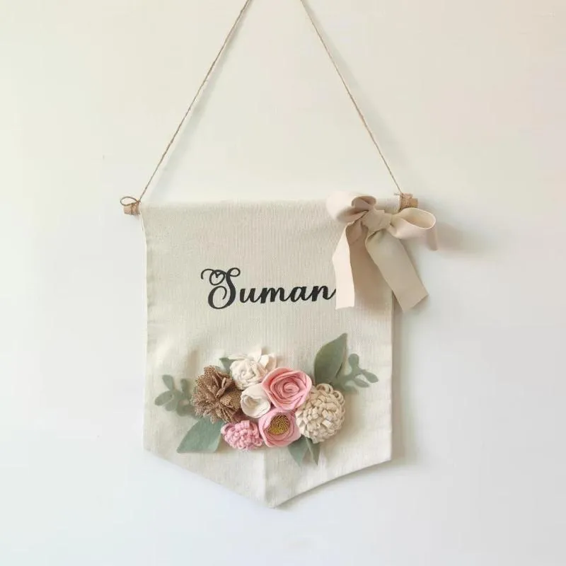 Festdekoration anpassat namn födelsedagsblommor buntings mjuk filt handgjorda blommor tecken säckväv shabby chic canvas banners