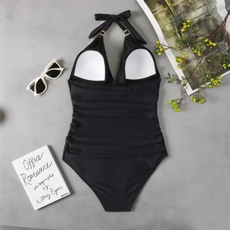 black halter top one piece swimsuit