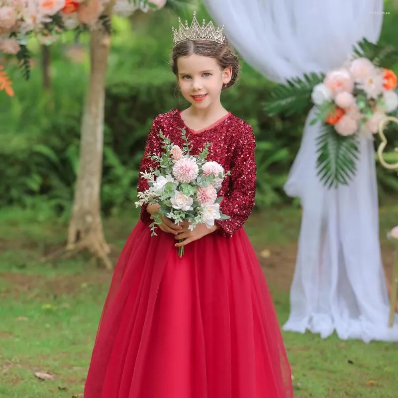 Vestidos de menina 2023 verão estilo europeu dança de ponta lantejoulas brilhantes roupas de 4 a 12 anos manga longa vestido de festa infantil