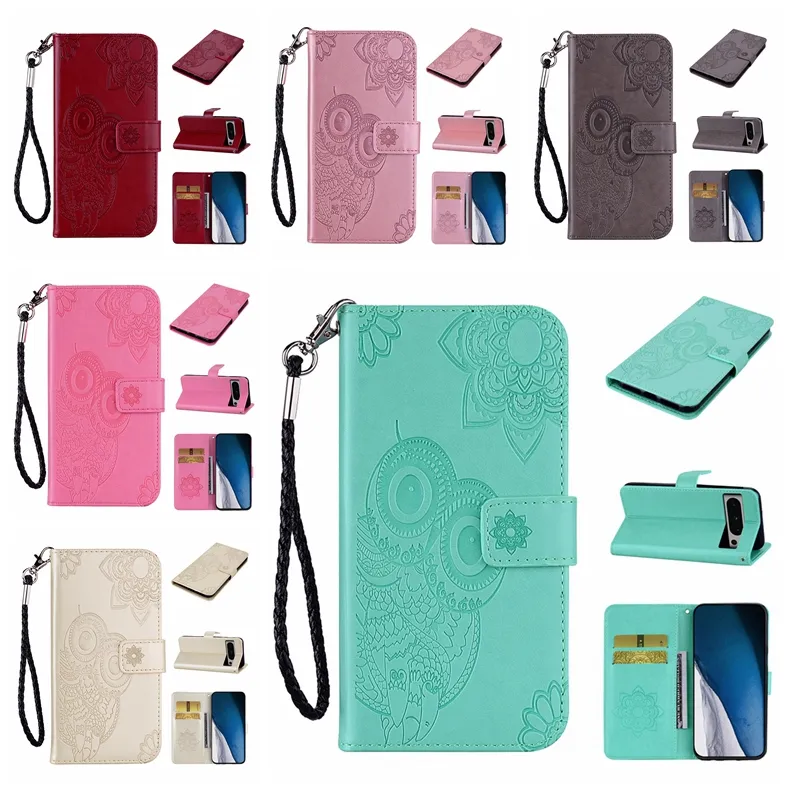 Leather Wallet Cases For Iphone 15 Plus Pro Max Samsung A34 A54 5G A24 4G Google Pixel 8 7 7A Fashion Owl Flower Print Lace Card Holder Flip Cover Night Bird Pouch Strap