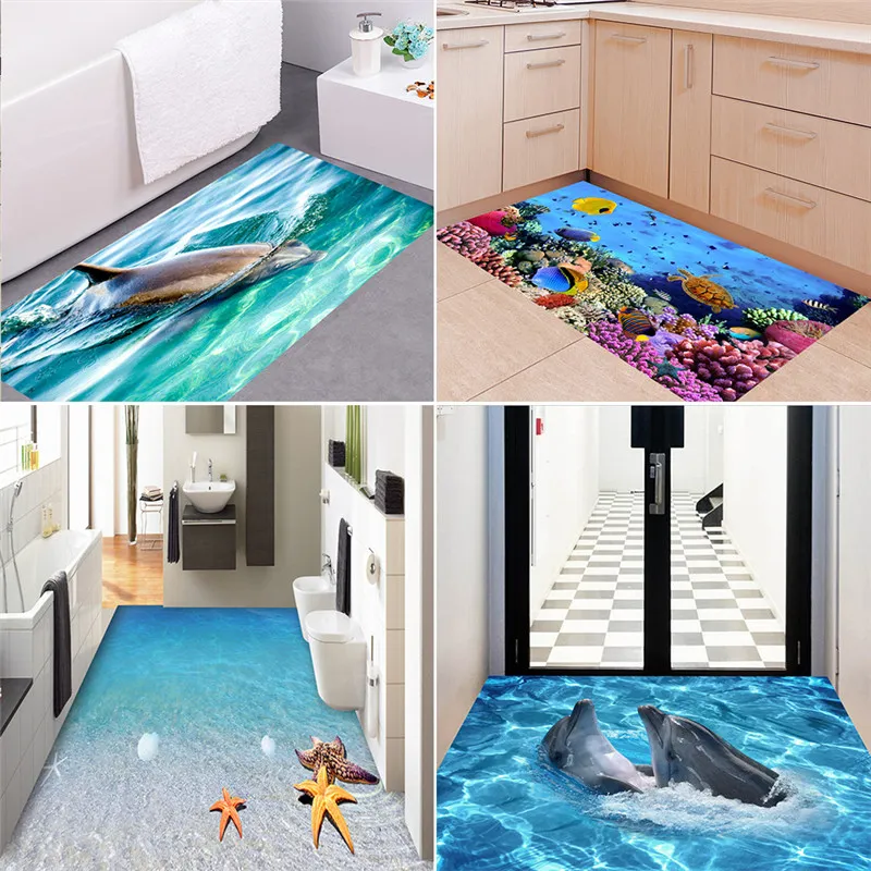 Ocean Dolphin Starfish Floor Wall Sticker Decor Soggiorno Paesaggio Piastrelle per pavimenti Murales Adesivo Bagno Carta da parati impermeabile