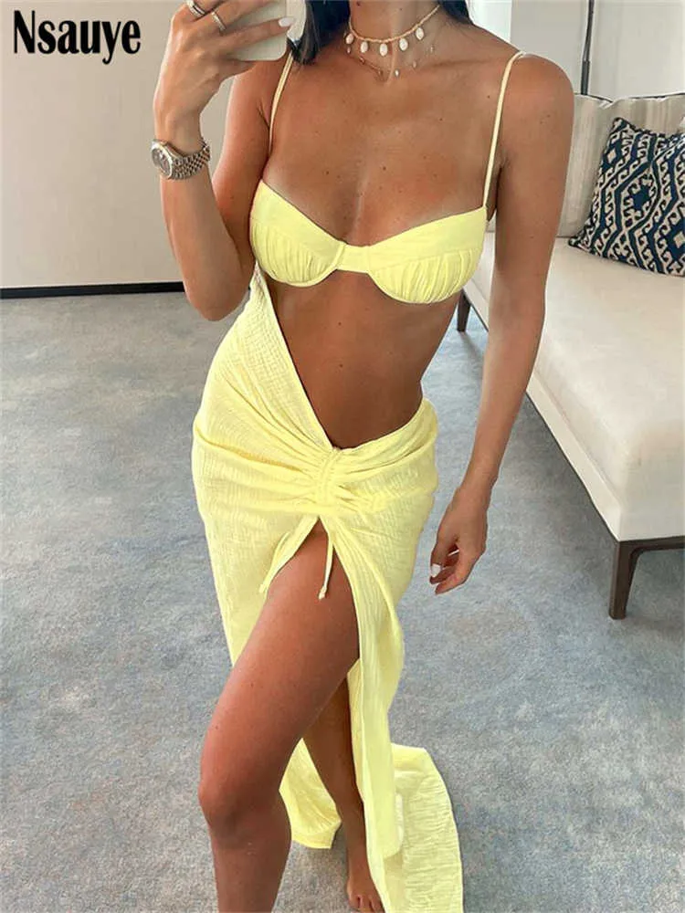 Casual Dresses Nsauye Women Elegant Sexy Cut Out Ruched Long Dresses Beach Party Soles Summer Outfits Split Drawstring Maxi Dress Club 2023 Z0612