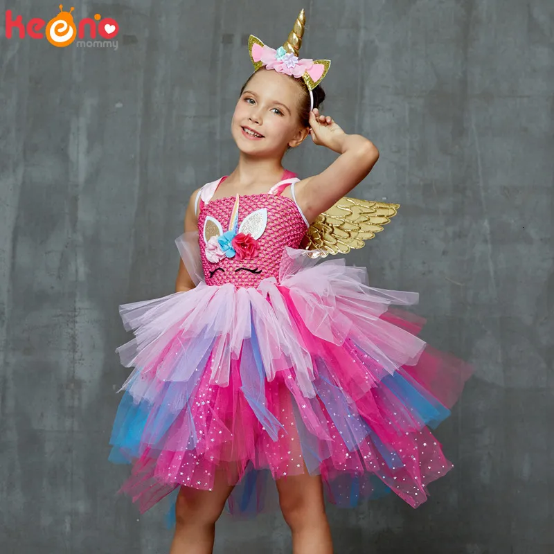 Mädchenkleider Glitzerndes Einhorn-Prinzessin-Festzug-Blumenkleid Kinderpartykostüm mit Stirnband und Flügeln Halloween Cosplay Mädchenkleid 230609