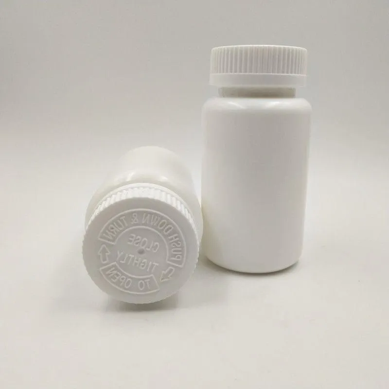 100pcs 150ml 150ccホワイトプラスチックHDPEピルボトルカプセルコンテナコンテナCRCキャップ付きビタミンボックス医療用XSIKG