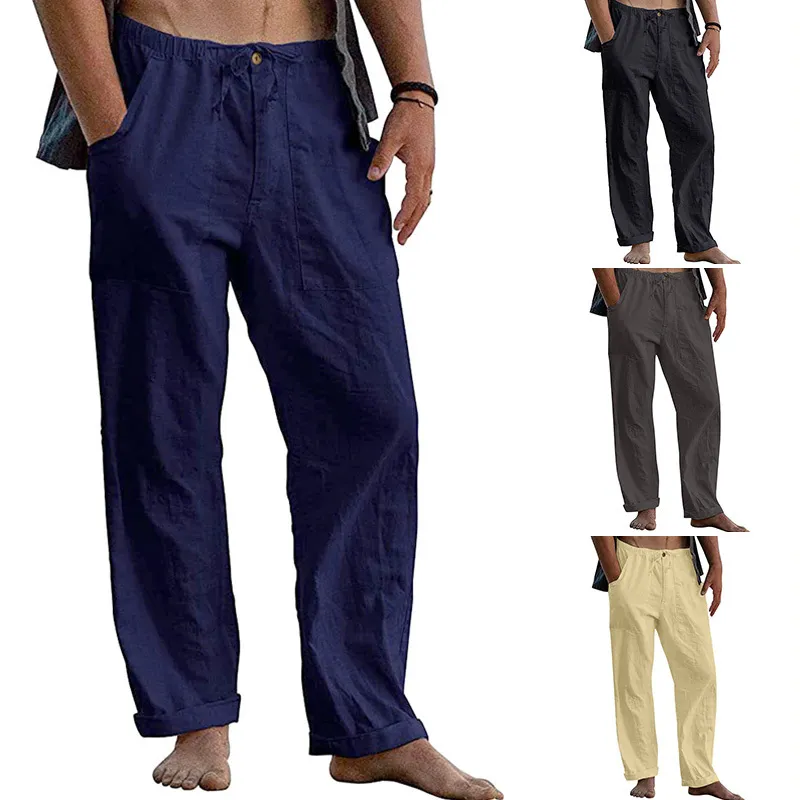 Pantalones de hombre Sueltos Color sólido Pierna ancha Algodón Lino Cintura elástica Pantalón largo Pantalones masculinos Verano Casual Transpirable Tamaño grande 230612