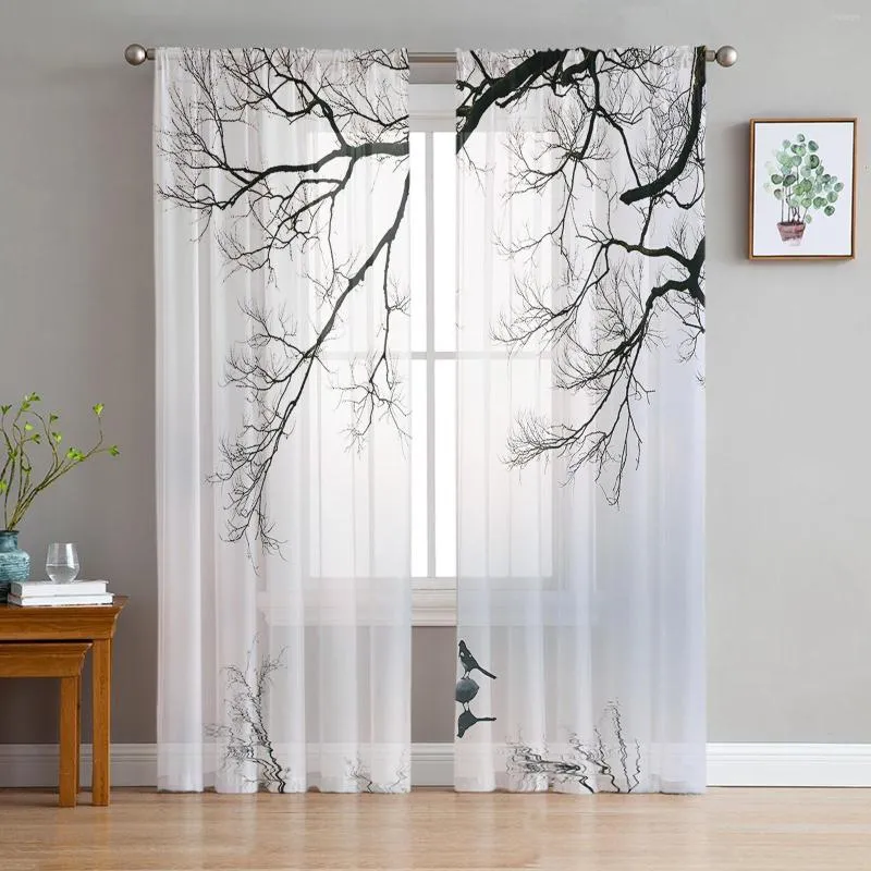 Cortina estilo chino árbol invierno pájaro reflejo gasa tul cortinas transparentes para dormitorio sala de estar cocina decoración ventana