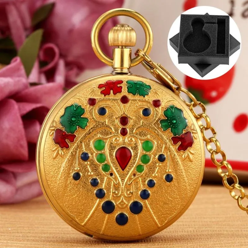 Orologi da taschino Fiori colorati Puntini Oro opaco Rame Orologio meccanico automatico da uomo Confezione regalo Doppi lati Coperchio aperto Orologio antico