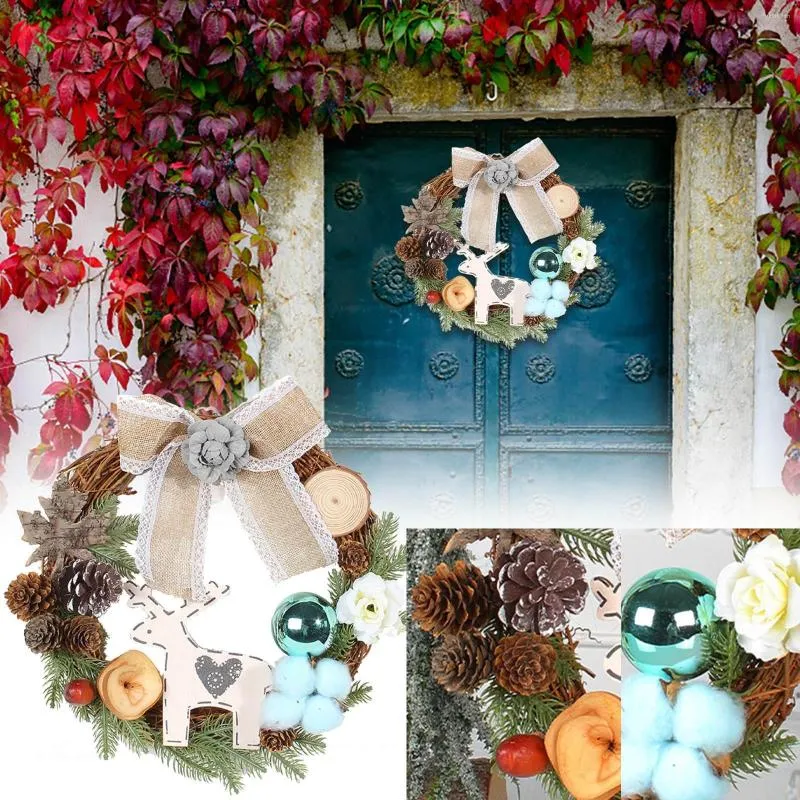 Decorative Flowers Christmas Wreath Plant Cane Deer Door Hang Diy Decoration Nut Cotton Festival Wi Ribbon For