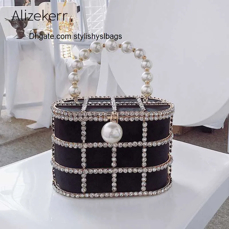 Shoulder Bags Diamonds Basket Evening Clutch Bags Women 2019 Luxury Hollow Out Preal Beaded Metallic Cage Handbags Ladies Wedding Party Purse