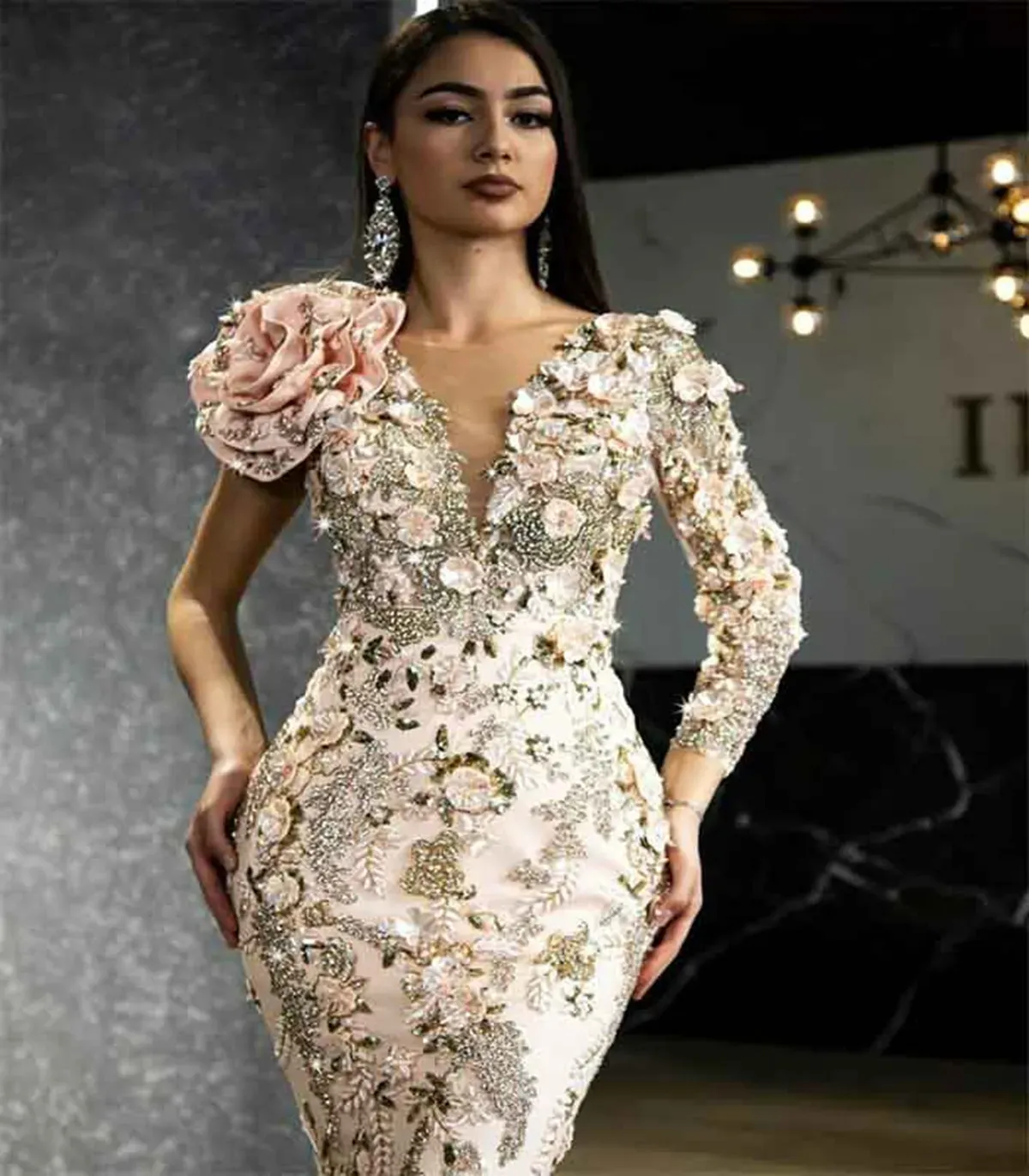 Arabic Luxurious Pink Lace Beaded Mermaid Nigerian Evening Dresses With  Long Sleeves And Feather Embellishments For Prom, Formal Party, And Second  Reception From Freesuit, $281.06 | DHgate.Com