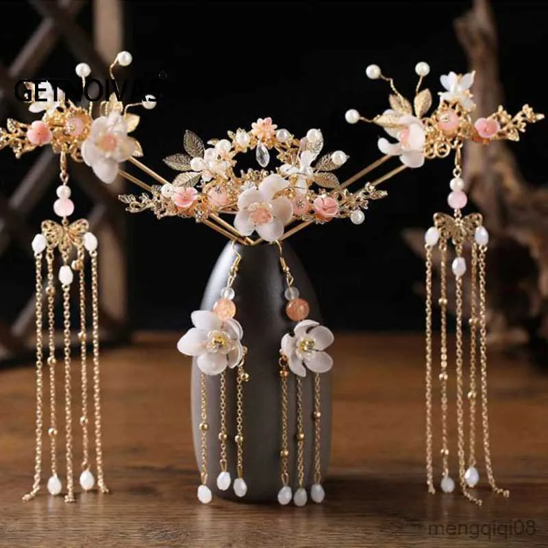 Wedding Hair Jewelry Chinese Long Stick Headpiece Women Flower Pins Headdress Handmade Hanfu Set R230612