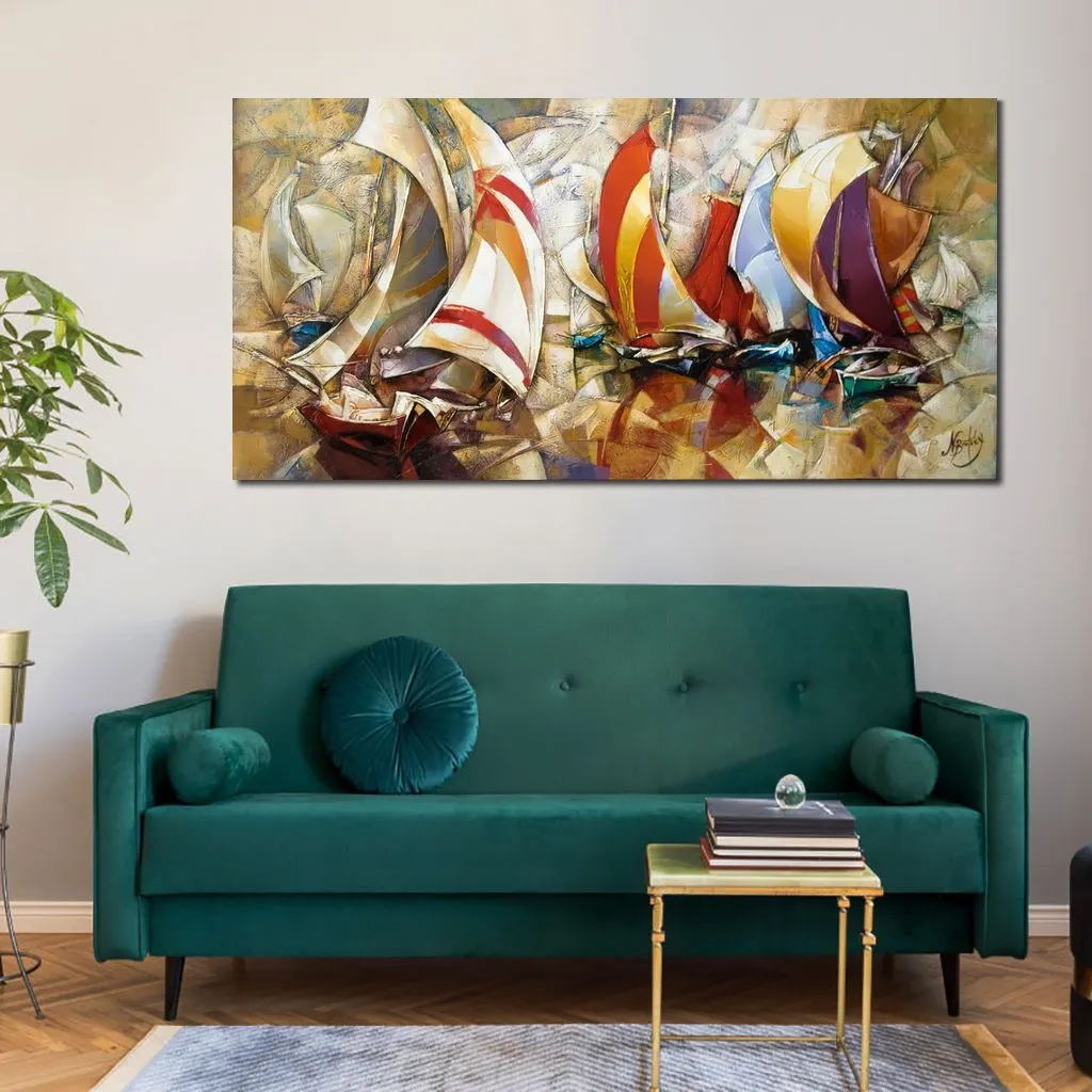 Abstract Canvas Art Regatta Handcrafted Oil Painting Modern Decor Studio Apartment