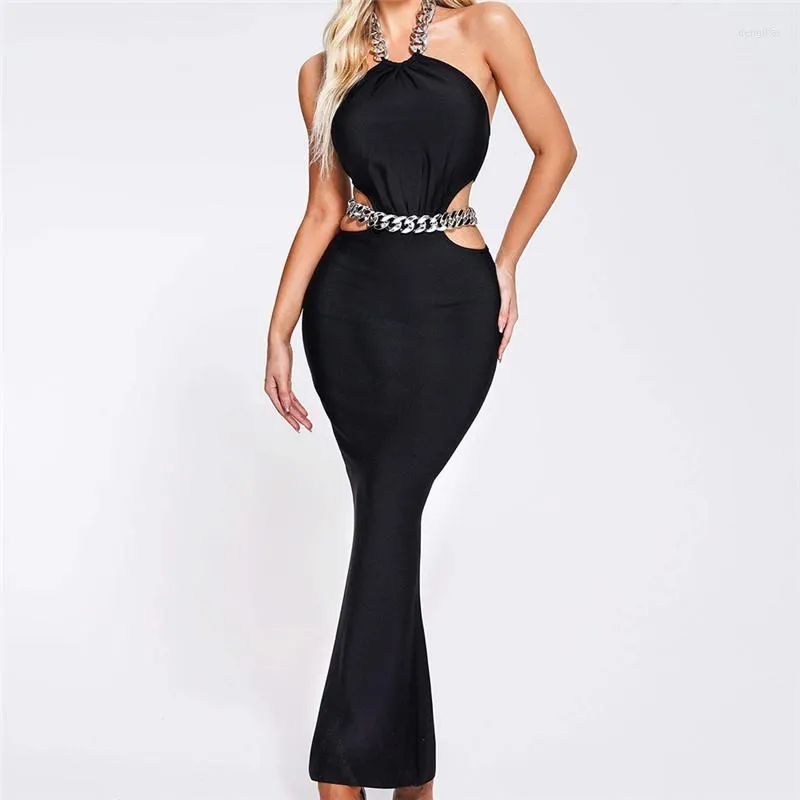 Vestidos Casuais Preto Sem Mangas Halter Maxi Bandagem Vestido Design Cadeia Backless Bodycon Roupas Femininas Sexy Party Clubwear Feminino