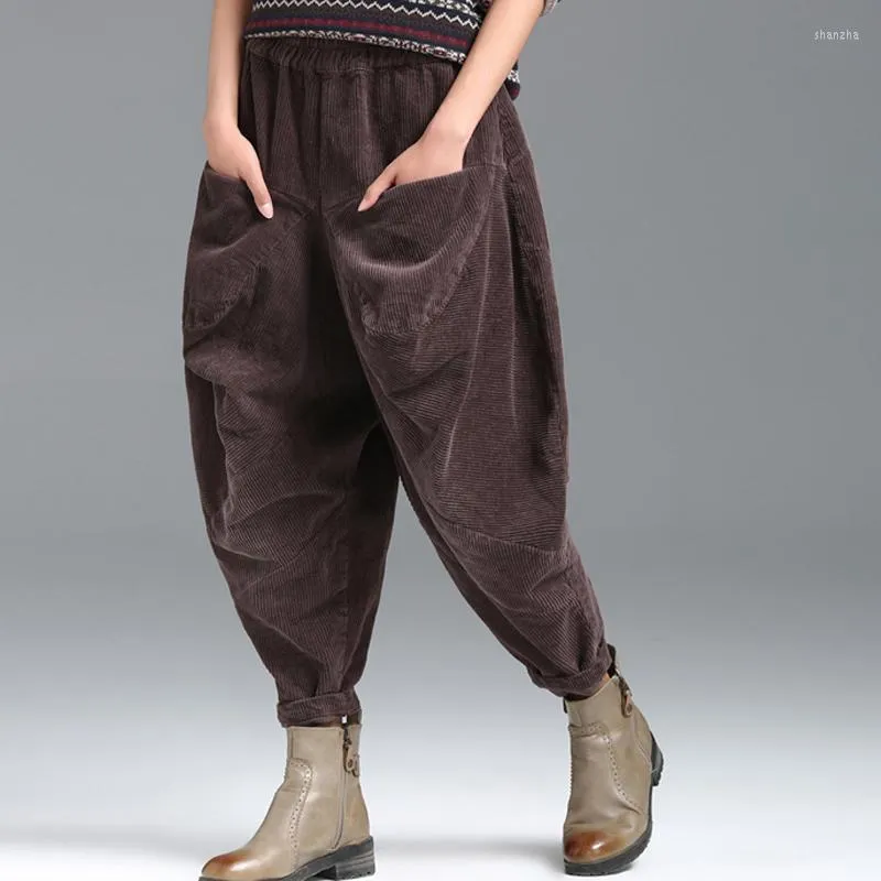Spodnie damskie 2023 Przyjazd Autumn Winter Arts Style Kobiet bawełniany sztruk do kostki swobodna luźna elastyczna talia harem v882