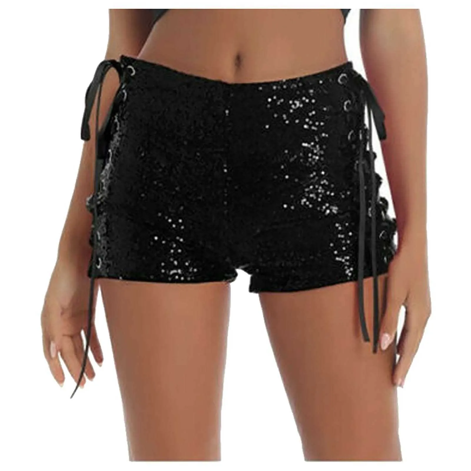 Grande taille paillettes taille haute Sexy bandoulière Shorts creux sport ample été pantalons de course vêtements pour femmes P230606