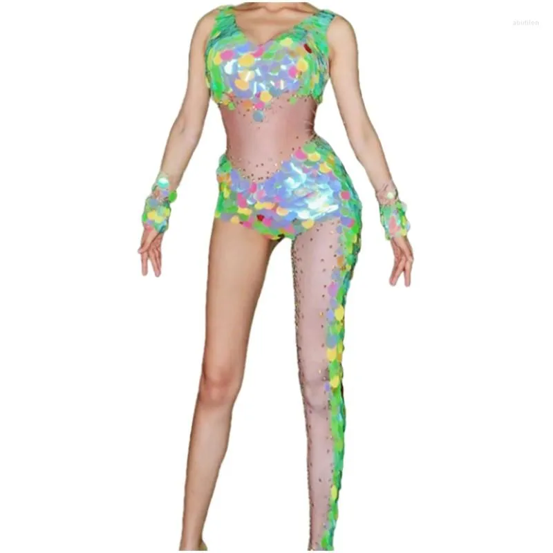 Stage Wear Multi Color Sequins Jumpsuit Glitter Single Leg Elastic Leotard Dance Costume Nightclub Party Show Sexy Performance