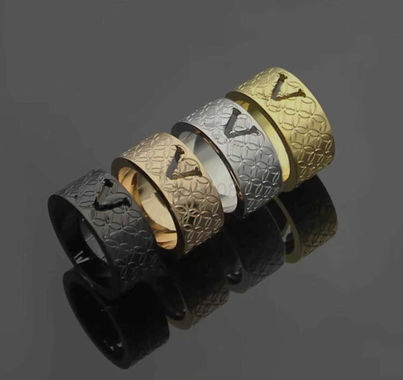 Band Ringe Mode Unisex Designer Schmuck Männer Frauen Edelstahl Ring Hohl V Initialen Gravierte Muster Liebhaber Ringe Größe 6-9 J230612