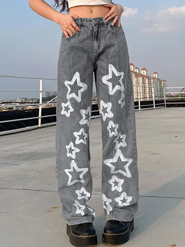 Damenjeans COZOK Star Print Gerade Frau Mode Gewaschene Taschen Genähte Streifen Grunge Streetwear Böden Denim Hosen Ästhetisch