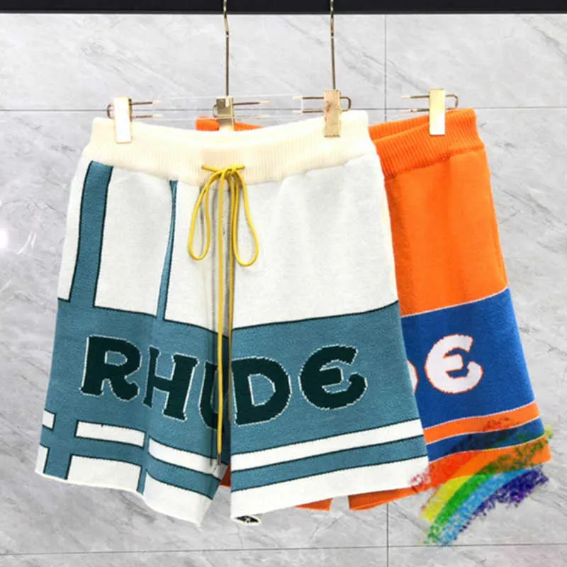 Shorts Apricot Orange Rhude Knit Jacquard Men Women Patchwork Real Tag Yellow Drawstring Breeches