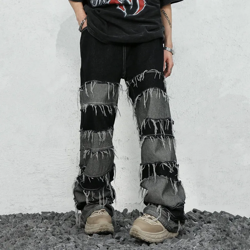 Męskie dżinsy ropa grunge y2k streetwear ułożone dżinsy w lupgy spodnie mężczyźni odzież Patchworka prosta luźne spodni Vetements Homme 230612