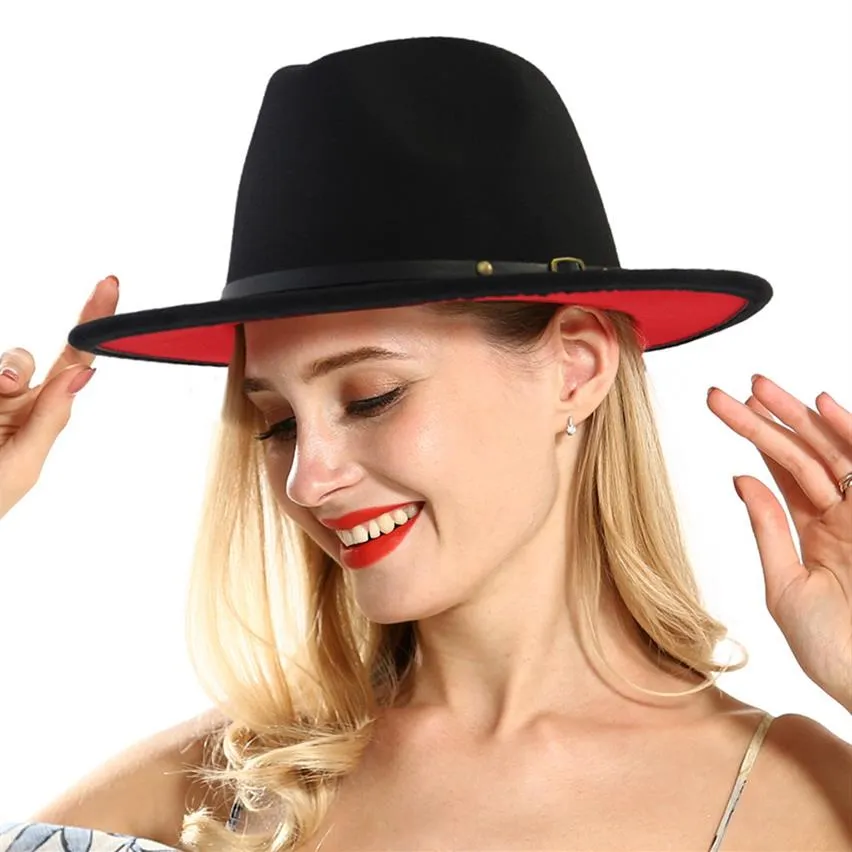 Unisex platt grim ull filt fedora hattar med bälte röd svart lapptäcke jazz formell hatt panama cap trilby chapeau för män kvinnor hög 313 g