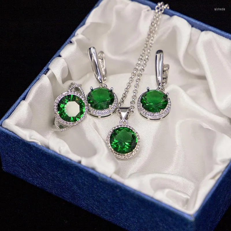 Necklace Earrings Set Luxury Gemstone Emerald Round Drop Rings Iced Out Cubic Zirconia Cz Pendant Women