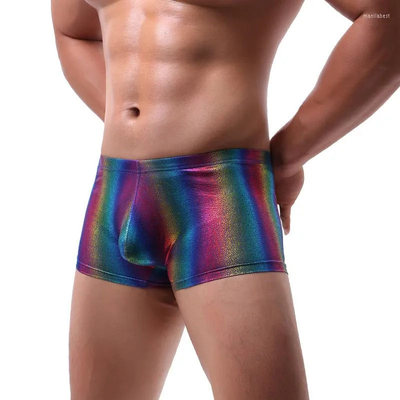 Underpants Fashion Men Sexy U Convex Rainbow Shiny Nylon Boxer Shorts Man Penis Pouch Boxers Underwear Gay Male Erotic Clubwear